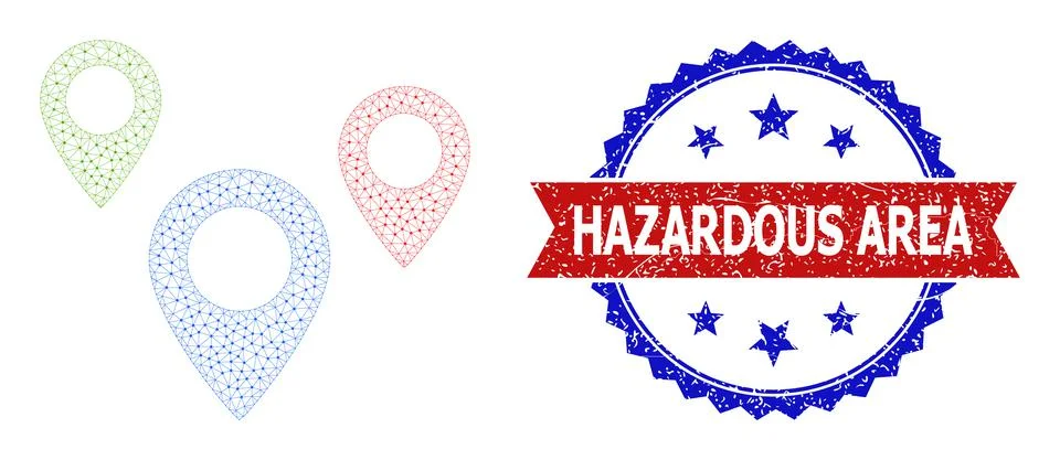 Polygonal Mesh Map Objects Icon and Unclean Bicolor Hazardous Area Stamp Seal Stock Illustration