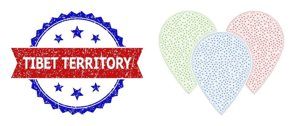 Polygonal Mesh Map Pointers Icon and Grunge Bicolor Tibet Territory Watermark Stock Illustration