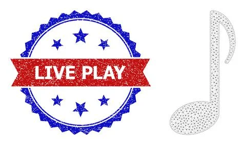 Polygonal Mesh Music Note Icon and Grunge Bicolor Live Play Stamp Stock Illustration