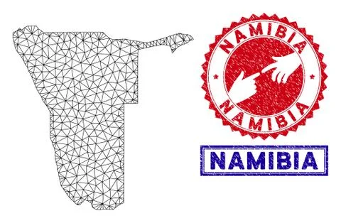 Polygonal Mesh Namibia Map and Grunge Stamps Illustrazione stock