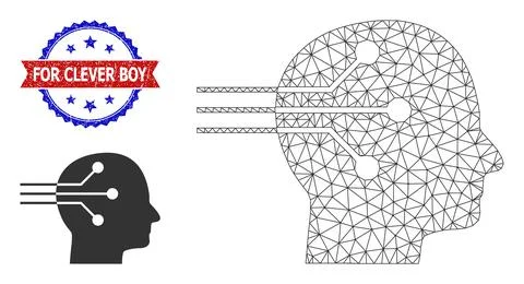 Polygonal Mesh Neural Interface Icon and Scratched Bicolor For Clever Boy Stamp Illustrazione stock