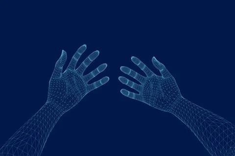 Polygonal Mesh or Wireframe Hands in Front of Viewer. VR or Virtual Reality Stock Illustration