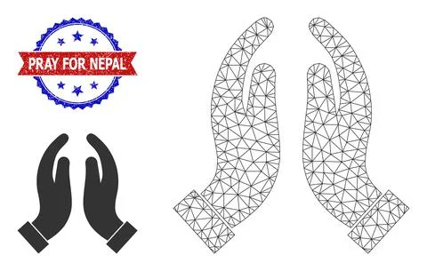 Polygonal Mesh Praying Hands Icon and Unclean Bicolor Pray for Nepal Seal Stock Illustration