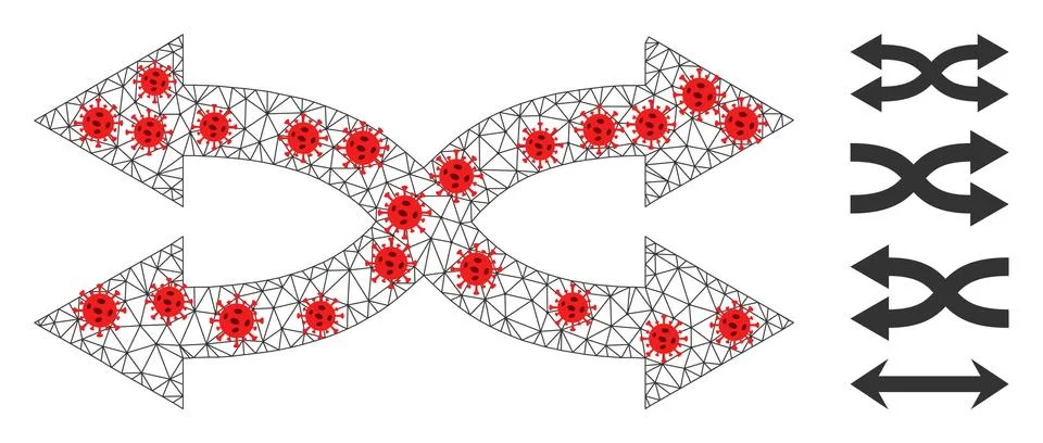 Polygonal Mesh Shuffle Arrows Horizontal Icon with Covid Nodes Stock Illustration