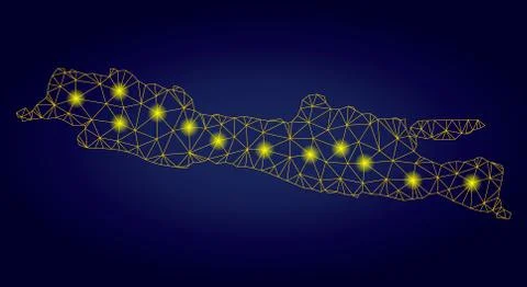 Polygonal Mesh Yellow Java Island Map with Light Spots Ilustración de archivo