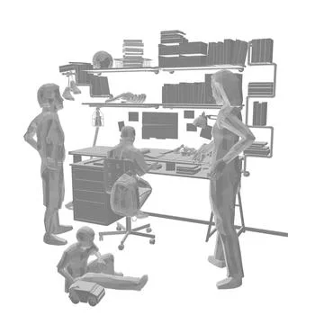 Polygonal model of children room with table and many interior objects. Father, Stock Illustration