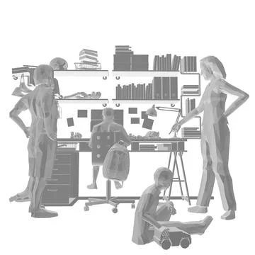 Polygonal model of children room with table and many interior objects. Father, Illustrazione stock
