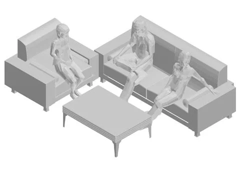Polygonal model of people sitting on sofa and chair at table. Isometric view. Illustrazione stock