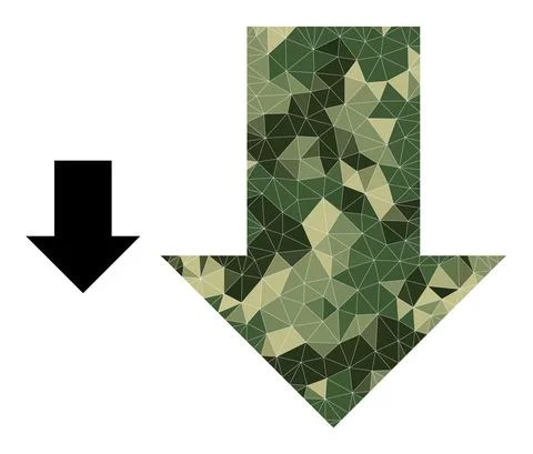 Polygonal Mosaic Fall Down Arrow Icon in Camouflage Military Colors Stock Illustration