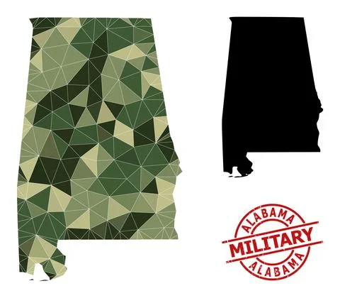 Polygonal Mosaic Map of Alabama State and Scratched Military Watermark イラスト素材
