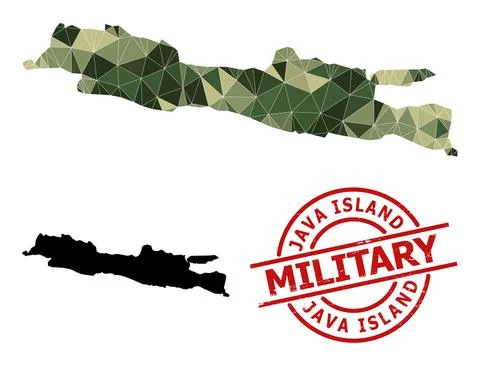 Polygonal Mosaic Map of Java Island and Grunge Military Seal Illustration
