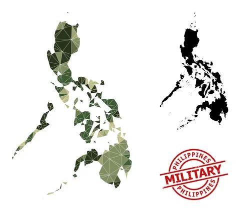 Polygonal Mosaic Map of Philippines and Scratched Military Badge Stock Illustration
