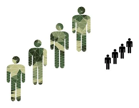 Polygonal Mosaic People Queue Icon in Khaki Army Colors Stock Illustration