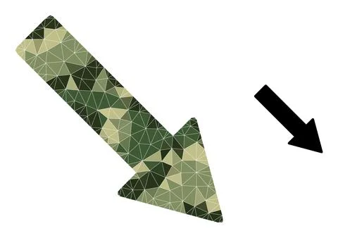 Polygonal Mosaic Right Down Arrow Icon in Camo Military Color Hues Illustrazione stock