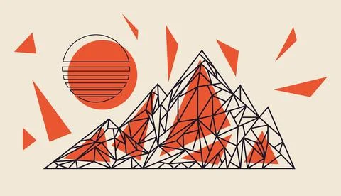 Polygonal mountain outlined and sun Stock Illustration