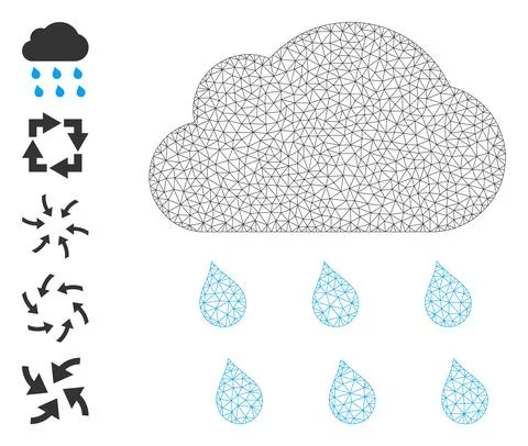 Polygonal Net Rain Cloud Icon with Simple Pictograms Illustrazione stock
