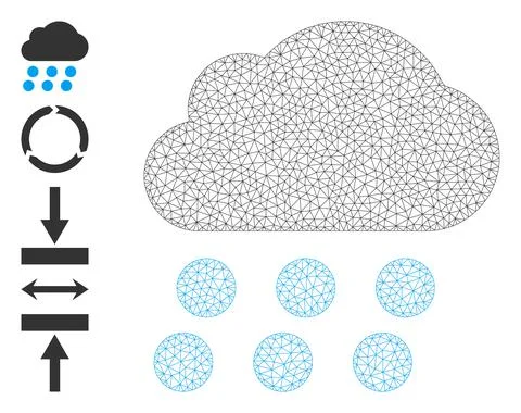 Polygonal Net Rain Cloud Icon with Simple Pictograms 스톡 일러스트