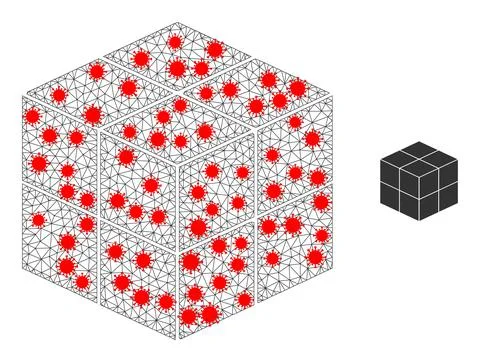 Polygonal Network 3D Cube Icon with Virus Elements Ilustración de archivo