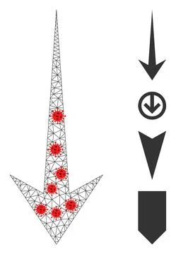 Polygonal Network Arrow Down Pictogram with Covid Nodes Illustrazione stock
