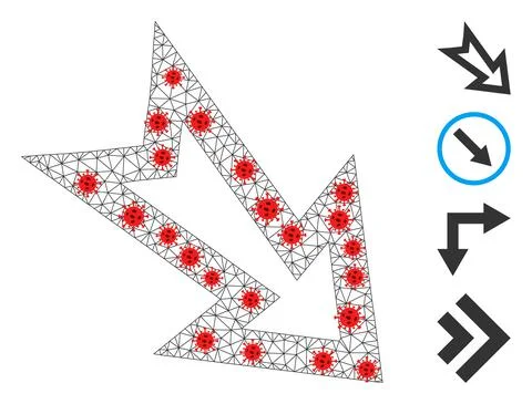Polygonal Network Arrow Right Down Icon with Coronavirus Nodes Stock Illustration