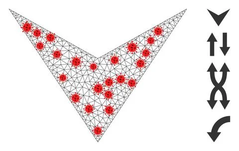 Polygonal Network Arrowhead Down Pictogram with Coronavirus Nodes Stock Illustration