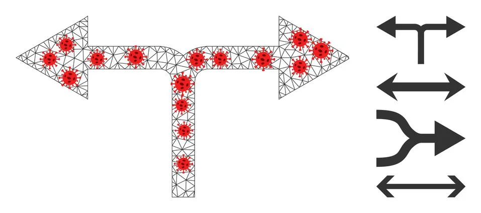 Polygonal Network Bifurcation Arrows Left Right Pictogram with Infectious Nodes Illustrazione stock