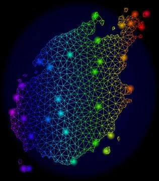Polygonal Network Bright Mesh Map of Paros Island with Spectrum Light Spots Illustrazione stock