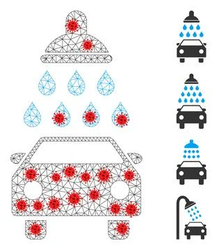 Polygonal Network Car Shower Icon with Pathogen Nodes Stock Illustration