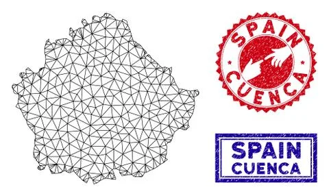 Polygonal Network Cuenca Province Map and Grunge Stamps Illustrazione stock