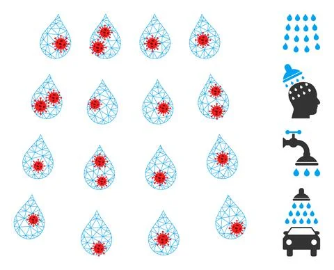 Polygonal Network Drops Pictogram with Virus Elements イラスト素材
