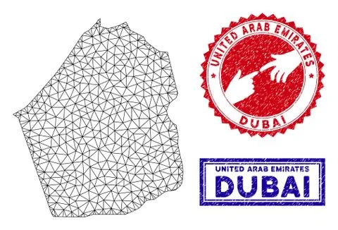 Polygonal Network Dubai Emirate Map and Grunge Stamps Stock Illustration