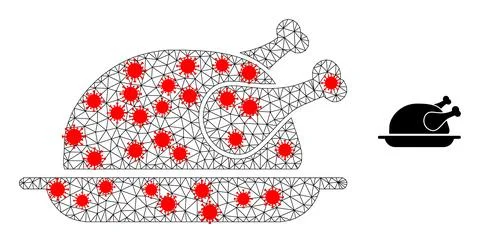 Polygonal Network Fried Chicken Dish Icon with Pathogen Nodes Stock Illustration