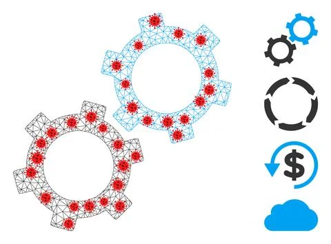 Polygonal Network Gears Icon with Pathogen Elements Illustrazione stock