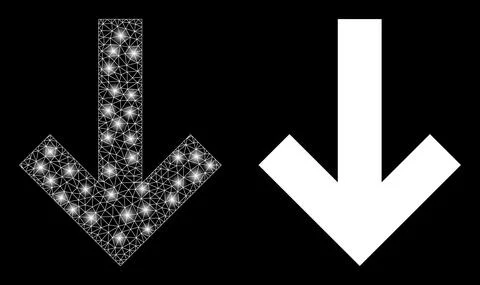 Polygonal Network Mesh Down Direction Arrow with Glare Spots Stock Illustration