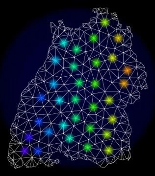 Polygonal Network Mesh Map of Baden-Wurttemberg State with Bright Light Spots Stock Illustration