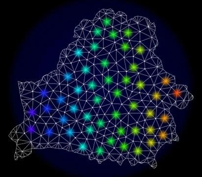 Polygonal Network Mesh Map of Belarus with Bright Light Spots Stock Illustration