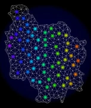 Polygonal Network Mesh Map of Burgundy Province with Colorful Light Spots Illustrazione stock