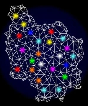 Polygonal Network Mesh Map of Burgundy Province with Colorful Light Spots Stock Illustration