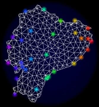 Polygonal Network Mesh Map of Ecuador with Bright Spectrum Light Spots Stock Illustration