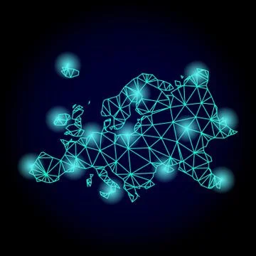 Polygonal Network Mesh Map of Europe with Light Spots Stock Illustration