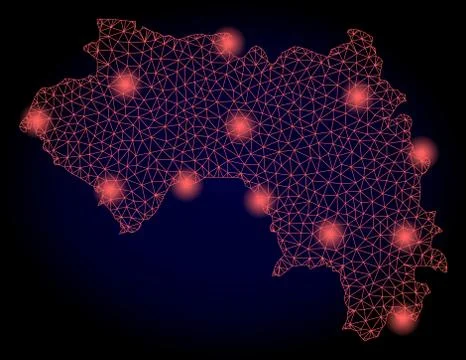 Polygonal Network Mesh Map of French Guinea with Red Light Spots Stock Illustration