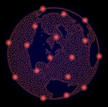 Polygonal Network Mesh Map of Global World with Red Light Spots Stock Illustration