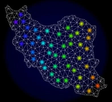 Polygonal Network Mesh Map of Iran with Bright Light Spots Stock Illustration