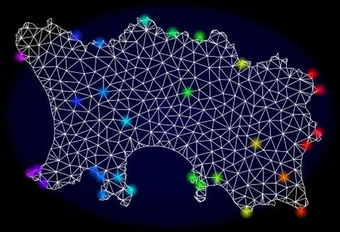 Polygonal Network Mesh Map of Jersey Island with Colorful Spectrum Light Spots Stock Illustration