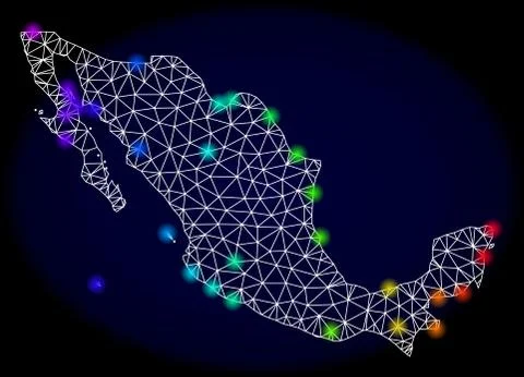 Polygonal Network Mesh Map of Mexico with Colorful Spectrum Light Spots 스톡 일러스트