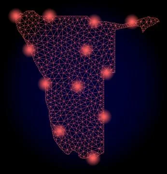 Polygonal Network Mesh Map of Namibia with Red Light Spots Stock Illustration