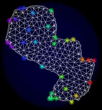 Polygonal Network Mesh Map of Paraguay with Bright Spectrum Light Spots イラスト素材