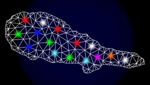 Polygonal Network Mesh Map of Pico Island with Colorful Light Spots 스톡 일러스트