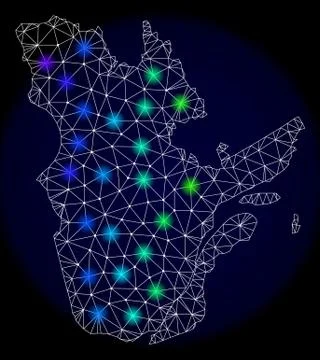 Polygonal Network Mesh Map of Quebec Province with Bright Light Spots Stock Illustration