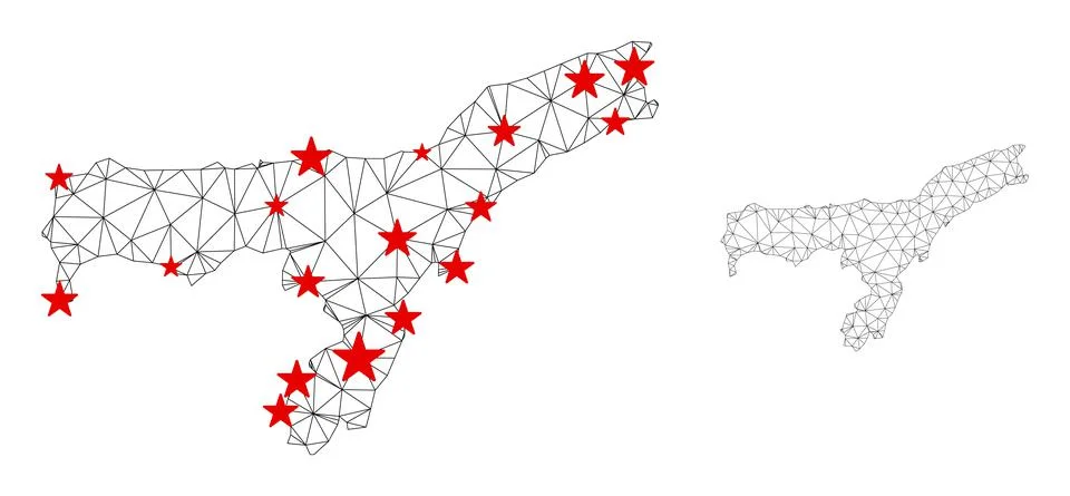 Polygonal Network Mesh Vector Assam State Map with Stars Stock Illustration